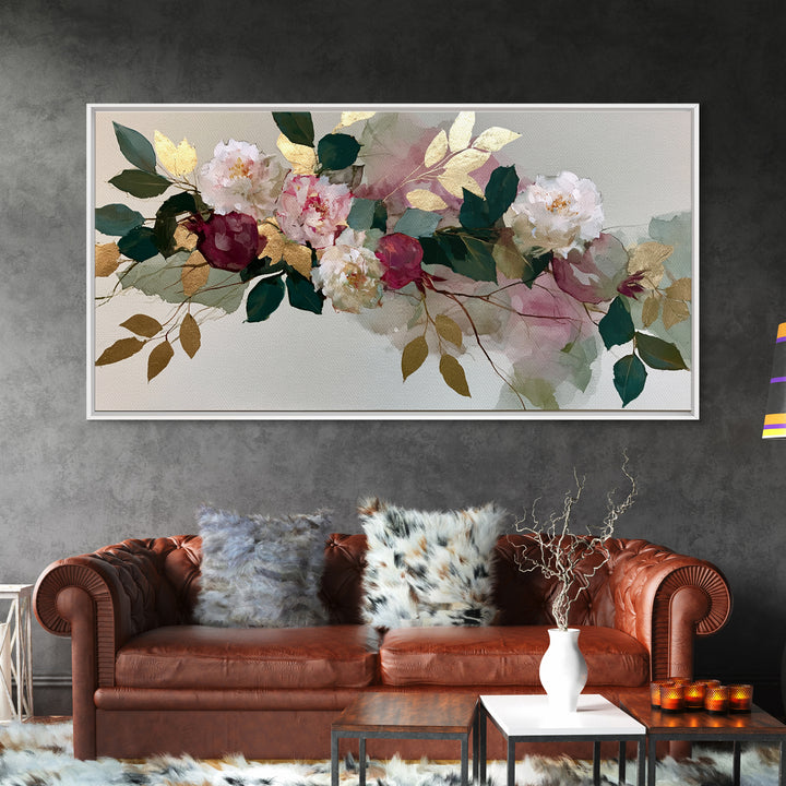 Pomegranate and Gold Leaf Botanical Study Canvas Print, Dining Room Art, Boho Decor, Dining Room Decor, Oil Painting, Dining, DRA-2x1-4