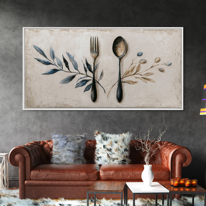 Minimal Fork Spoon and Herb Composition Framed Canvas Print, Dining Room Art, Gallery Decor, Dining Room Decor, Dining, DRA-2x1-42