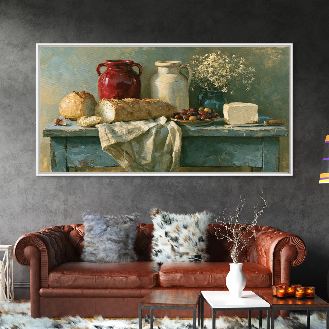 Rustic Bread Olives and Cheese Still Life Framed Canvas Print, Dining Room Art, Luxury Decor, Dining Room Decor, Dining, DRA-2x1-50
