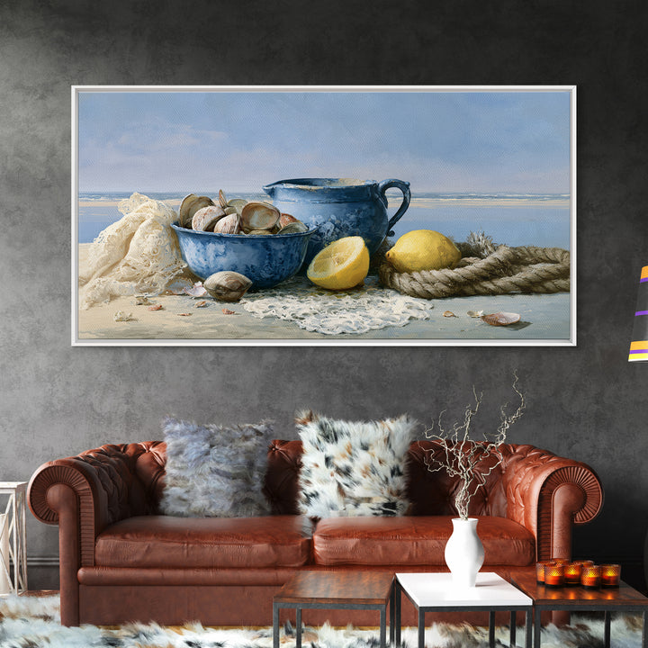 Shellfish and Lemon Still Life Framed Canvas Print, Dining Room Art, Large Wall Art, Dining Room Decor, Oil Painting, Dining, DRA-2x1-60