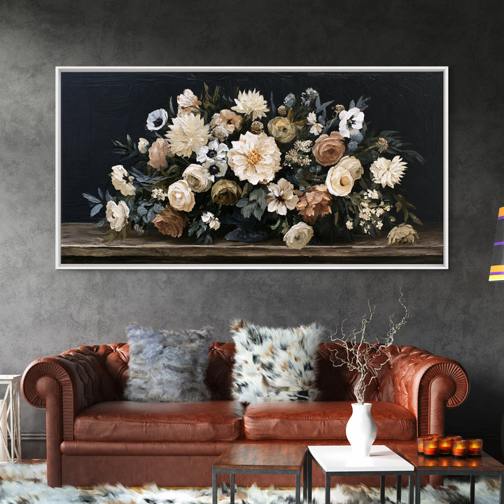 Moody Dark Background Bouquet for Formal Dining Canvas Print, Dining Room Art, Contemporary Art, Dining Room Decor, Dining, DRA-2x1-7