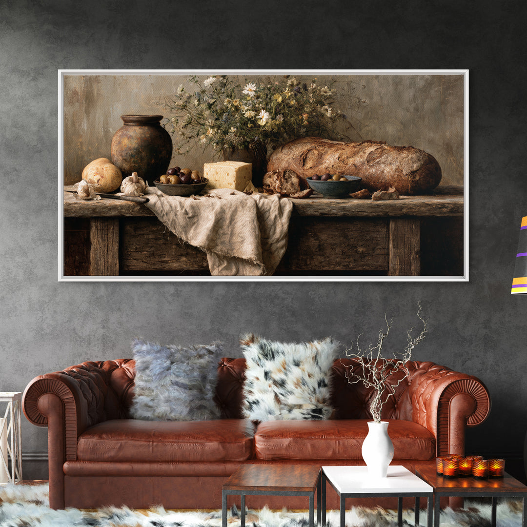 Rustic Bread Olives and Cheese Still Life Canvas Print, Dining Room Art, Dining Room Decor, Watercolor Art, Dining, DRA-2x1-74
