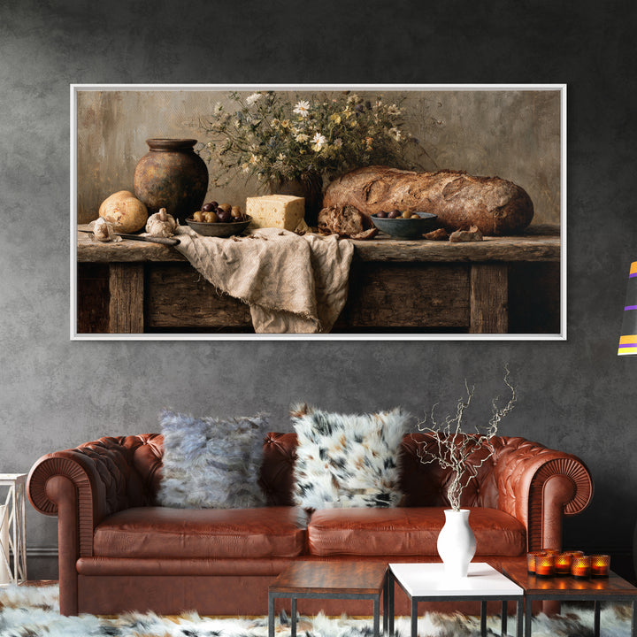 Rustic Bread Olives and Cheese Still Life Canvas Print, Dining Room Art, Dining Room Decor, Watercolor Art, Dining, DRA-2x1-74