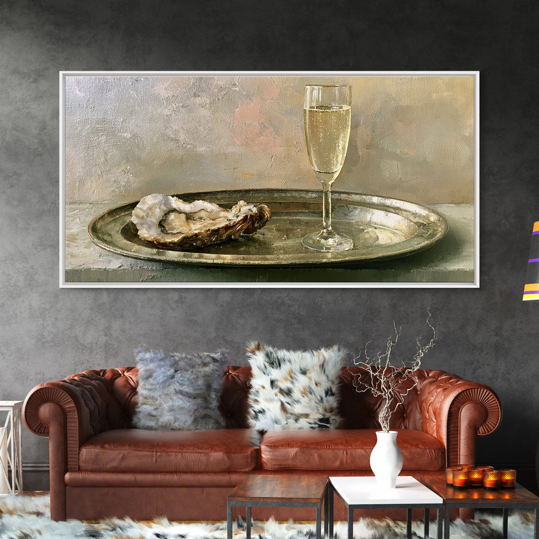 Elegant Oyster and Champagne Still Life Framed Canvas Print, Dining Room Art, Neutral Decor, Dining Room Decor, Dining, DRA-2x1-75