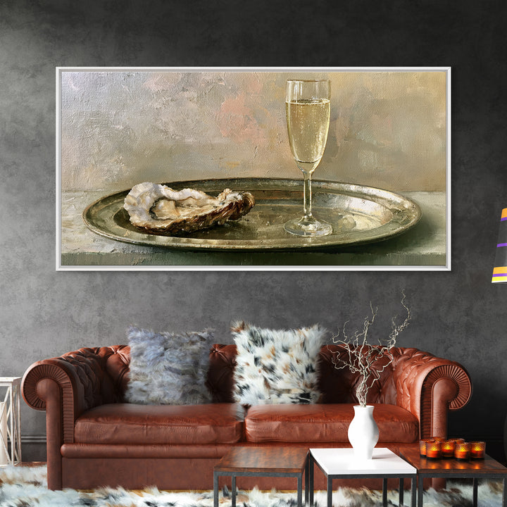Elegant Oyster and Champagne Still Life Framed Canvas Print, Dining Room Art, Neutral Decor, Dining Room Decor, Dining, DRA-2x1-75