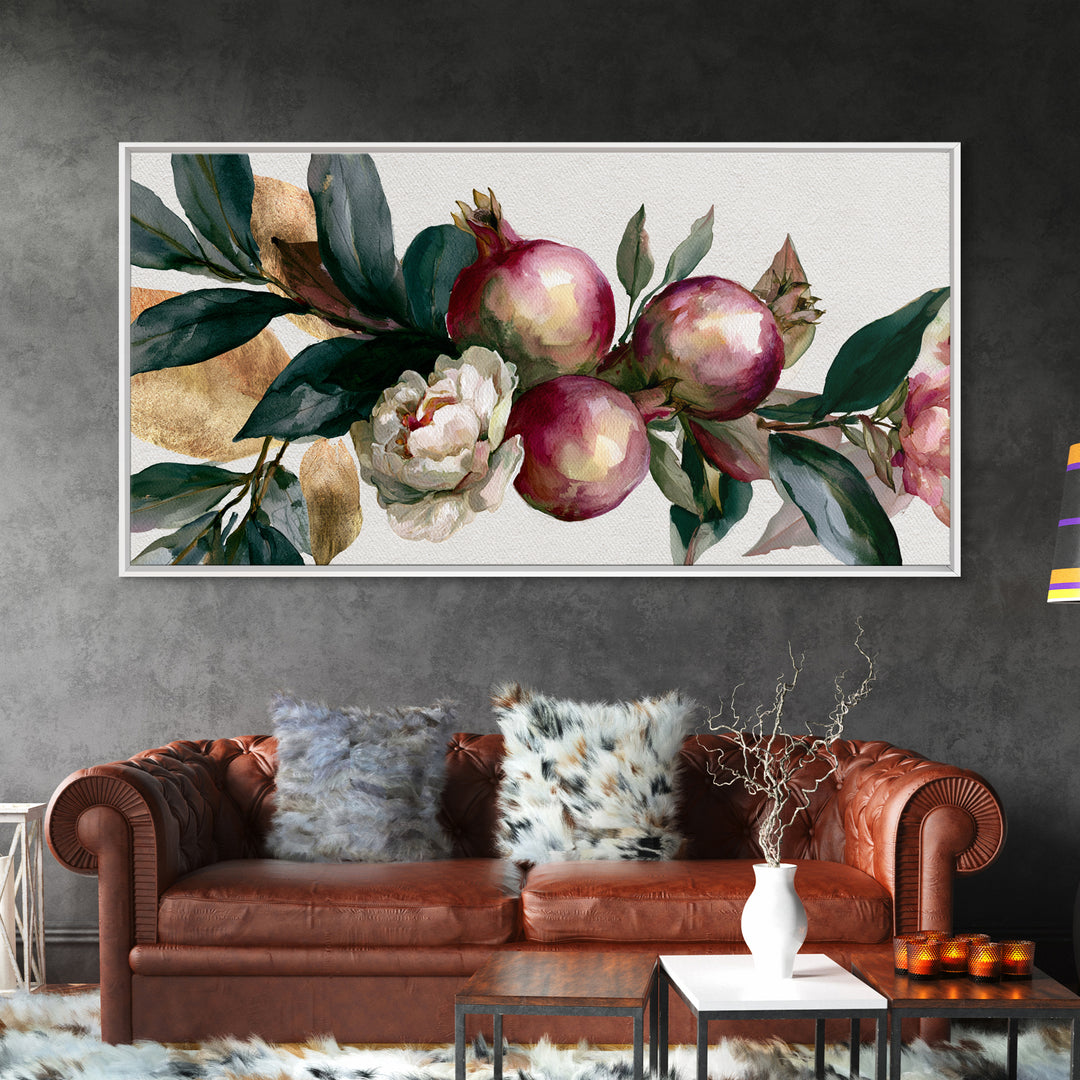 Pomegranate and Gold Leaf Botanical Study Canvas Print, Dining Room Art, Kitchen Art, Dining Room Decor, Fine Art, Dining, DRA-2x1-76