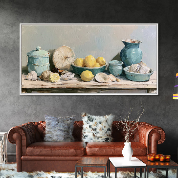 Shellfish and Lemon Still Life Framed Canvas Print, Dining Room Art, Abstract Wall Art, Dining Room Decor, Fine Art, Dining, DRA-2x1-84