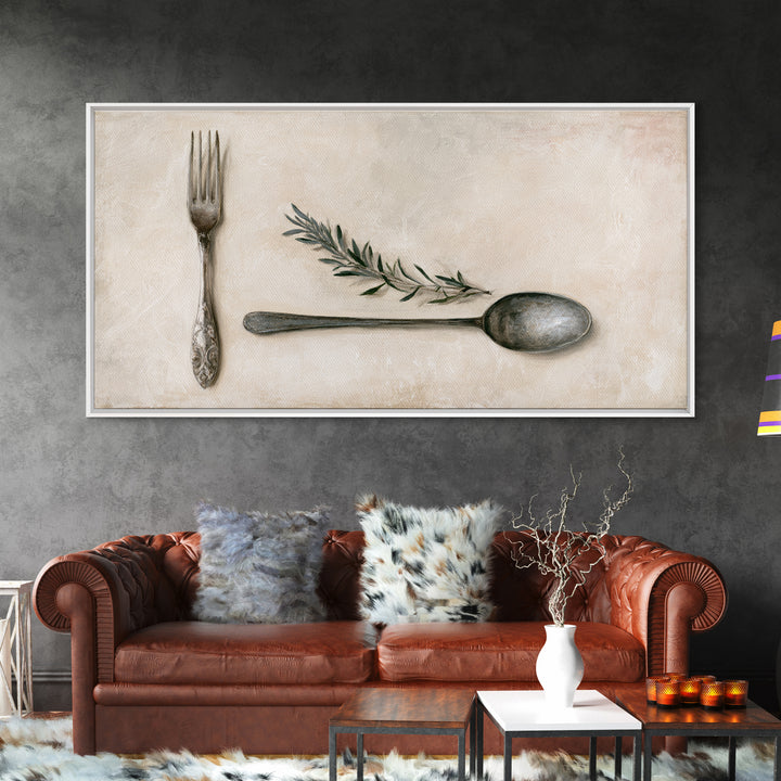 Minimal Fork Spoon and Herb Composition Framed Canvas Print, Dining Room Art, Dining Room Decor, Oil Painting, Dining, DRA-2x1-90
