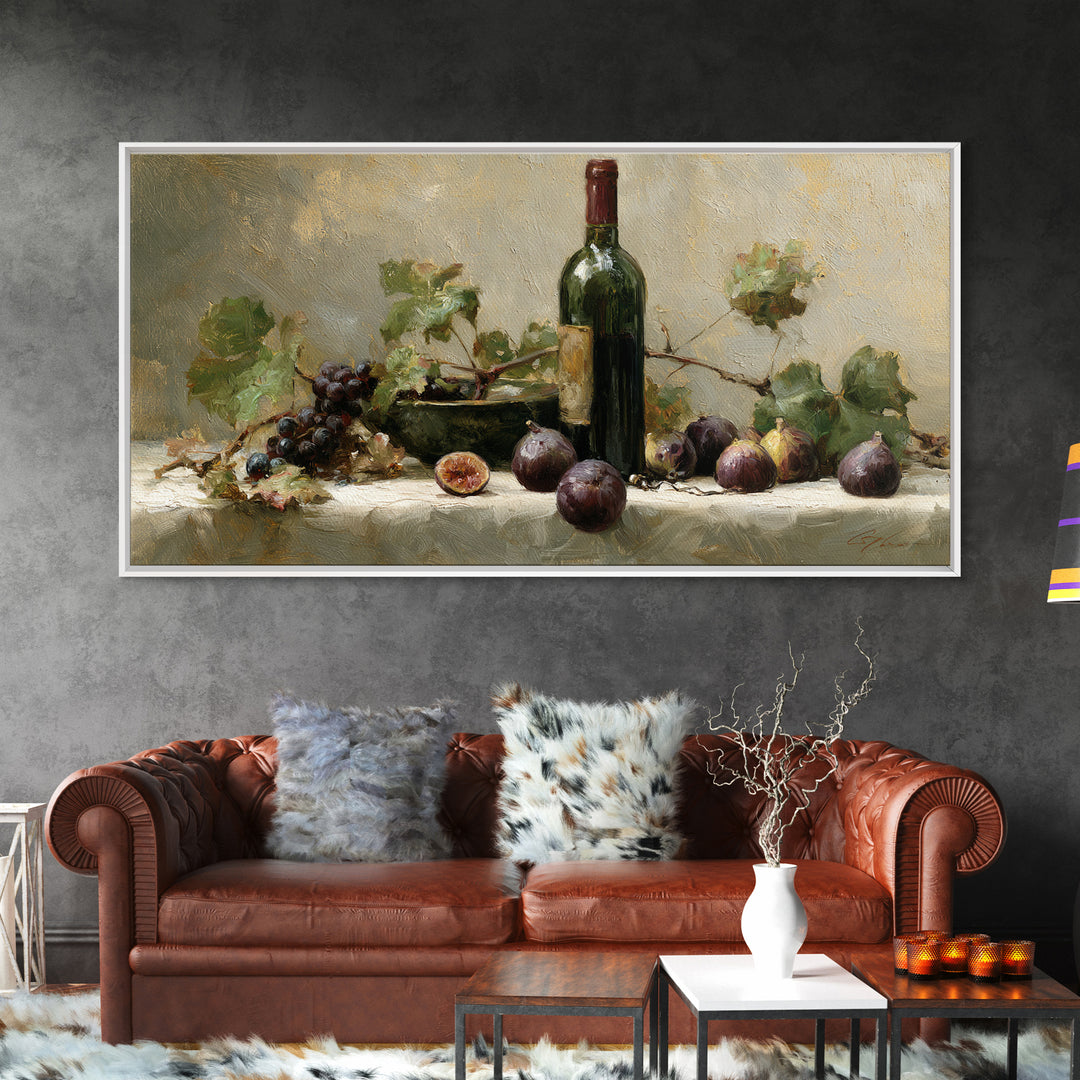 Wine Bottle and Figs on a Linen Framed Canvas Print, Dining Room Art, Coastal Decor, Dining Room Decor, Fine Art, Dining, DRA-2x1-95