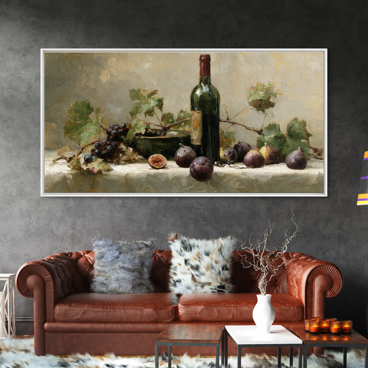 Wine Bottle and Figs on a Linen Framed Canvas Print, Dining Room Art, Coastal Decor, Dining Room Decor, Fine Art, Dining, DRA-2x1-95