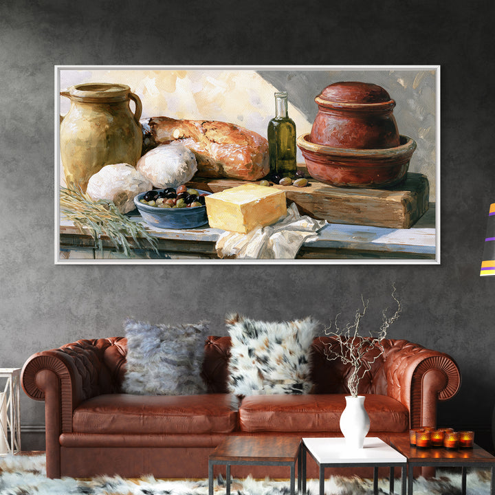 Rustic Bread Olives and Cheese Still Life Canvas Print, Dining Room Art, Dining Room Decor, Watercolor Art, Dining, DRA-2x1-98