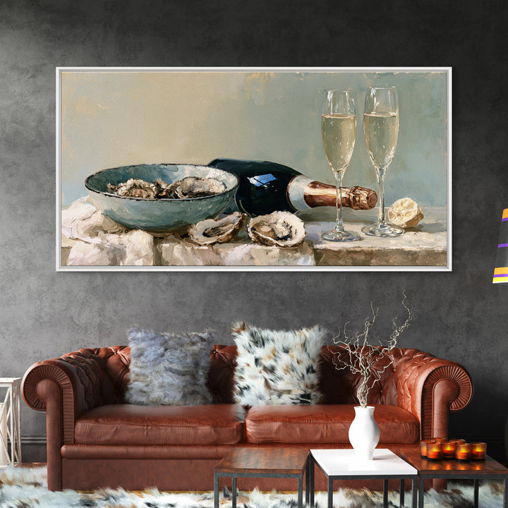 Elegant Oyster and Champagne Still Life Framed Canvas Print, Dining Room Art, Kitchen Wall Art, Dining Room Decor, Dining, DRA-2x1-99