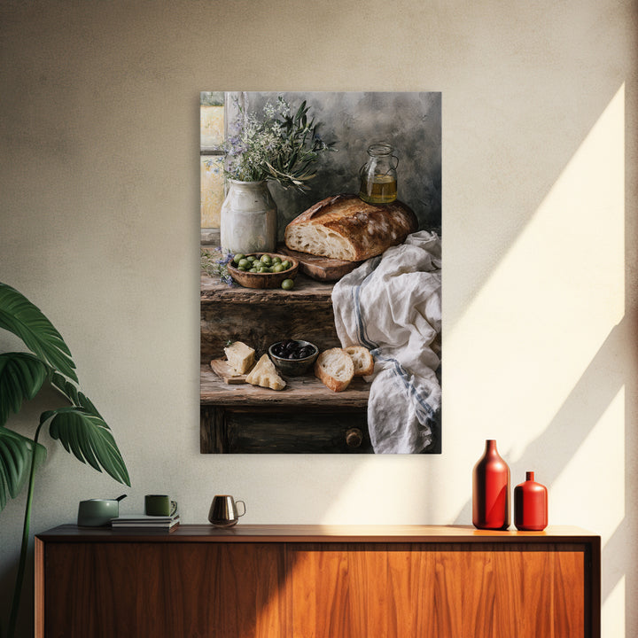 Rustic Bread Olives and Cheese Still Life Canvas Print, Dining Room Art, Modern Decor, Dining Room Decor, Oil Painting, Dining, DRA-2x3-14
