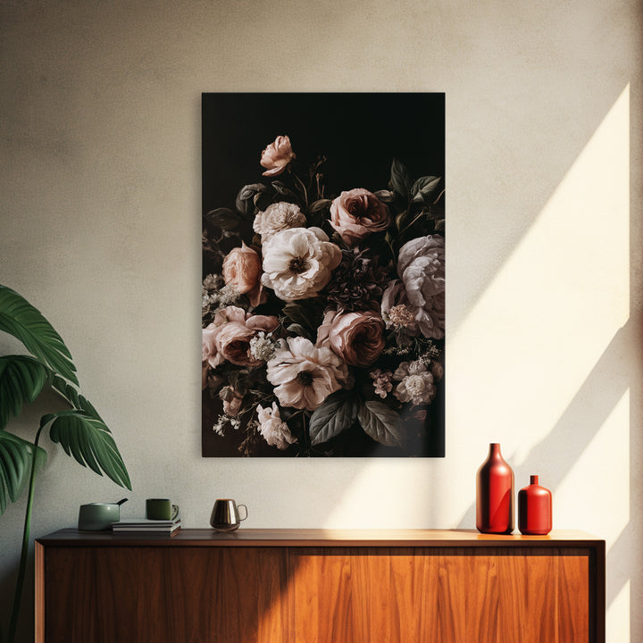 Moody Dark Background Bouquet for Formal Dining Canvas Print, Dining Room Art, 3 Piece Wall Art, Dining Room Decor, Dining, DRA-2x3-19