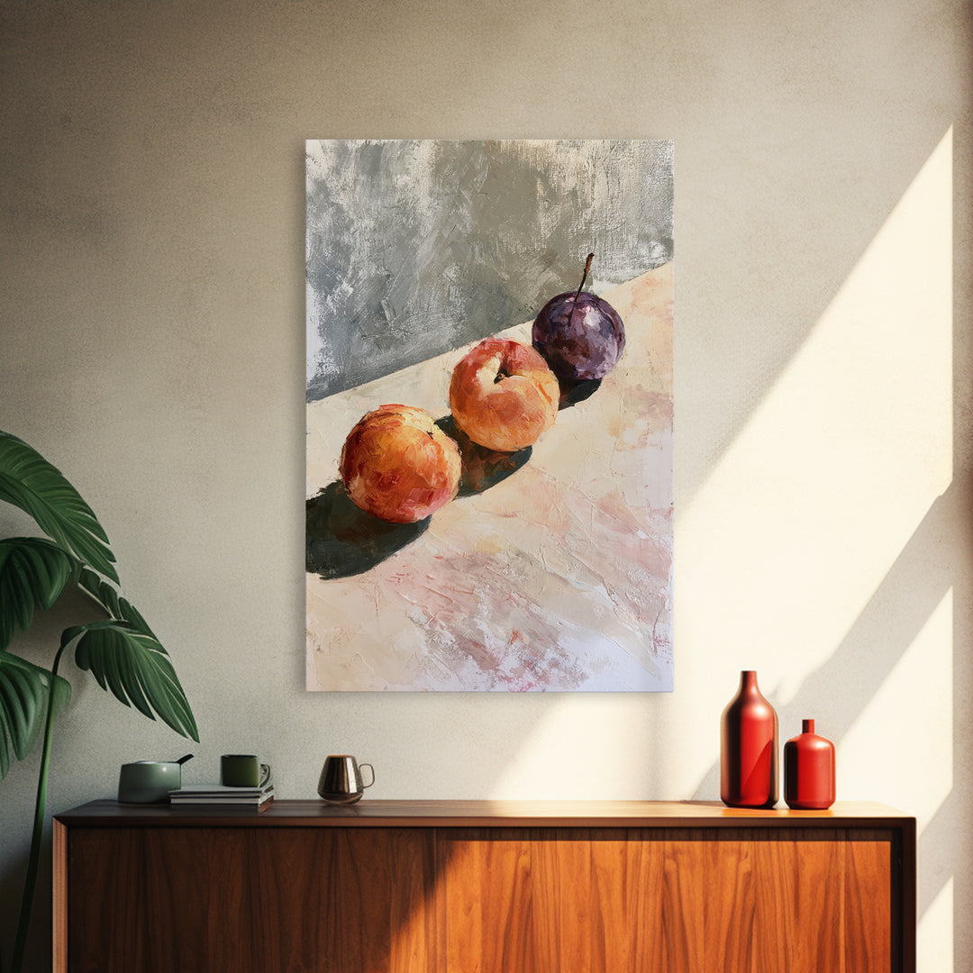 Peach and Plum Still Life Framed Canvas Print, Dining Room Art, Large Wall Art, Dining Room Decor, Dining, Watercolor Painting, DRA-2x3-28