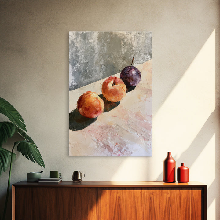 Peach and Plum Still Life Framed Canvas Print, Dining Room Art, Large Wall Art, Dining Room Decor, Dining, Watercolor Painting, DRA-2x3-28