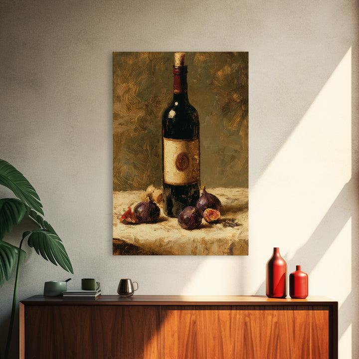Wine Bottle and Figs on a Linen Canvas Print, Dining Room Art, Gallery Decor, Dining Room Decor, Abstract Art, Dining, DRA-2x3-35