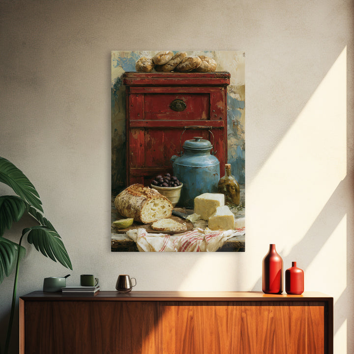 Rustic Bread Olives and Cheese Still Life Framed Canvas Print, Dining Room Art, Art Print, Dining Room Decor, Fine Art, Dining, DRA-2x3-38