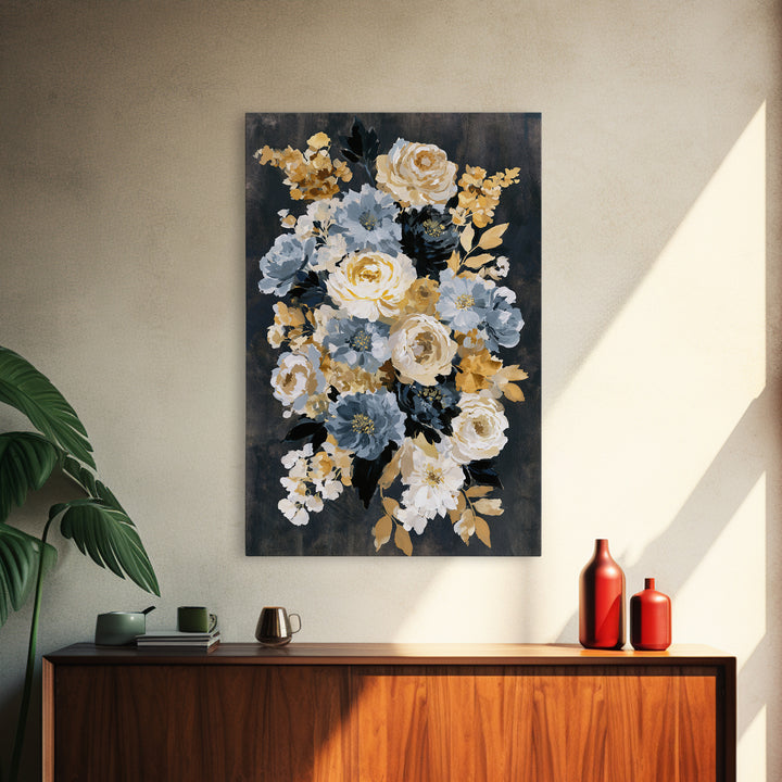 Moody Dark Background Bouquet for Formal Dining Framed Canvas Print, Dining Room Art, Neutral Decor, Dining Room Decor, Dining, DRA-2x3-43