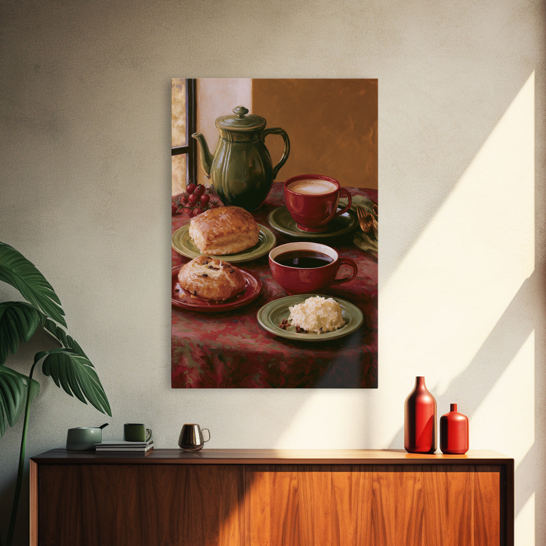 Coffee and Pastry Scene for Breakfast Nook Framed Canvas Print, Dining Room Art, Statement Artwork, Dining Room Decor, Dining, DRA-2x3-46