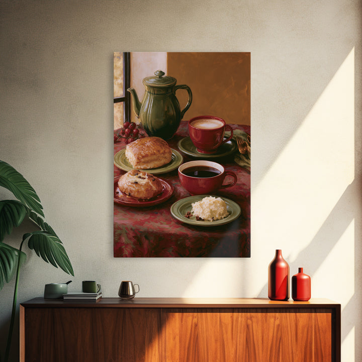 Coffee and Pastry Scene for Breakfast Nook Framed Canvas Print, Dining Room Art, Statement Artwork, Dining Room Decor, Dining, DRA-2x3-46