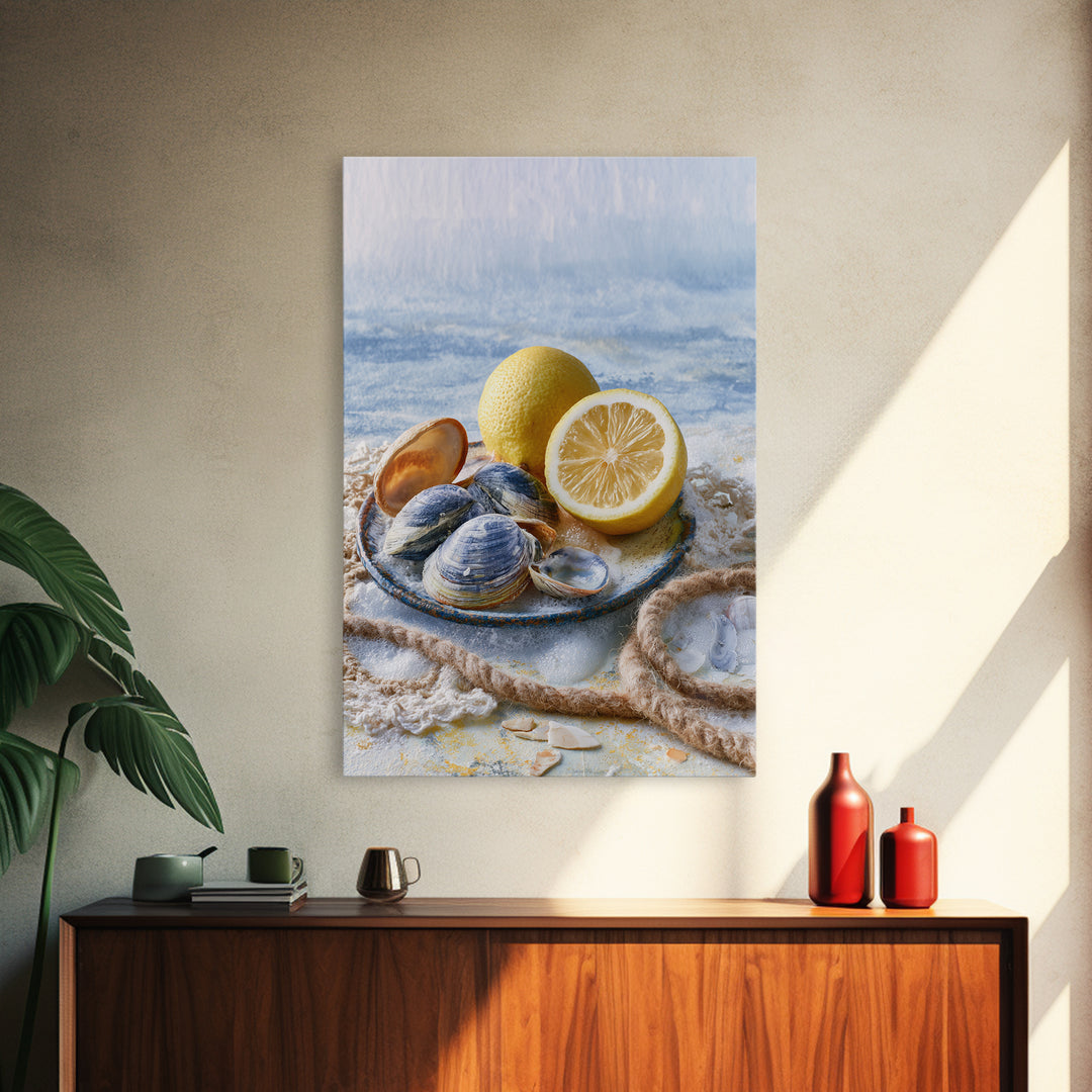 Shellfish and Lemon Still Life Framed Canvas Print, Dining Room Art, Kitchen Prints, Dining Room Decor, Watercolor Art, Dining, DRA-2x3-48