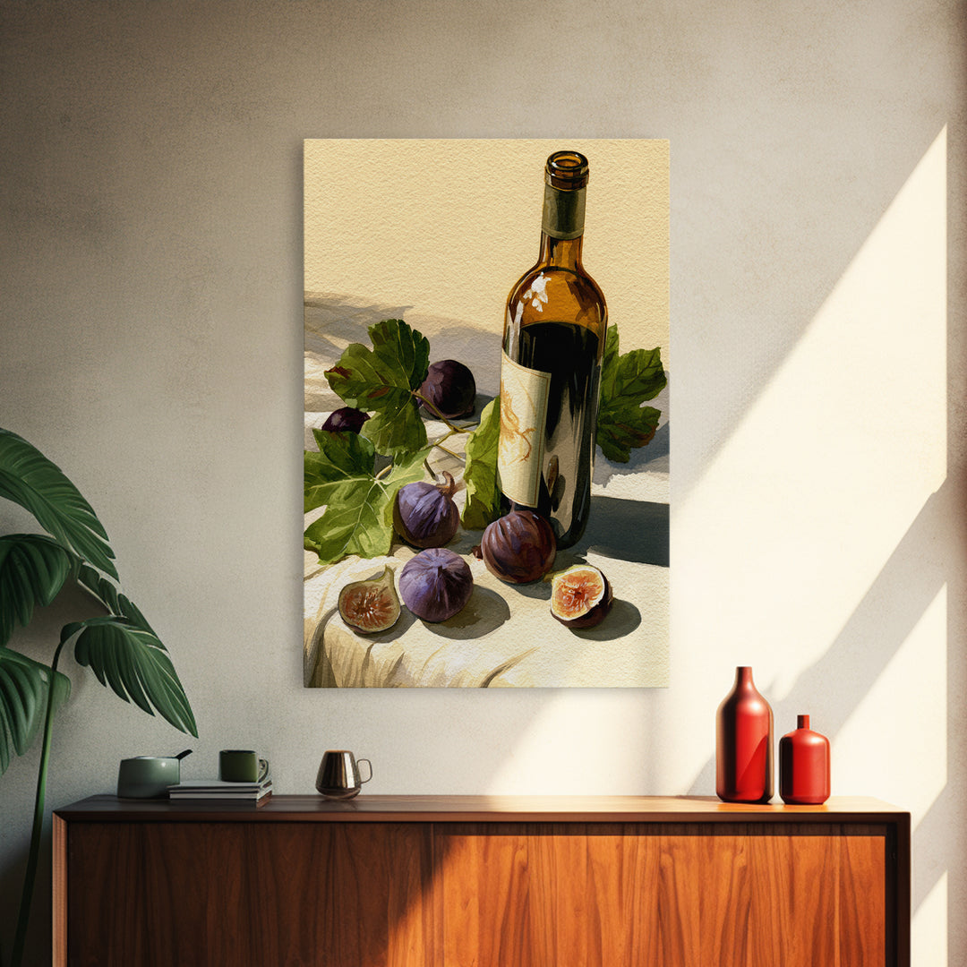 Wine Bottle and Figs on a Linen Framed Canvas Print, Dining Room Art, Boho Decor, Dining Room Decor, Abstract Art, Dining, DRA-2x3-59