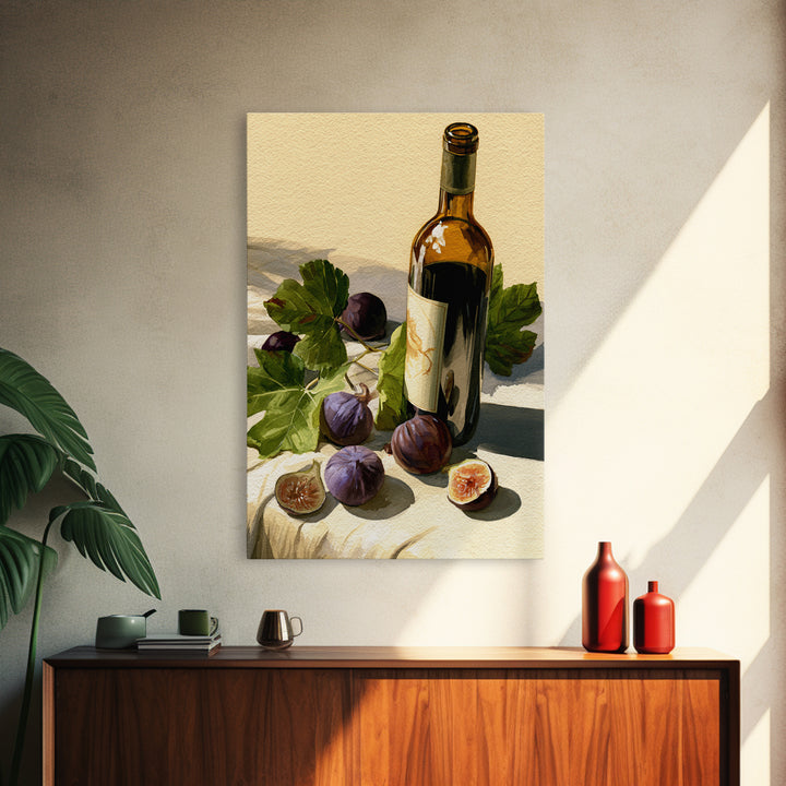 Wine Bottle and Figs on a Linen Framed Canvas Print, Dining Room Art, Boho Decor, Dining Room Decor, Abstract Art, Dining, DRA-2x3-59