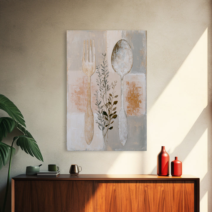 Minimal Fork Spoon and Herb Composition Framed Canvas Print, Dining Room Art, Wall Decor, Dining Room Decor, Fine Art, Dining, DRA-2x3-6