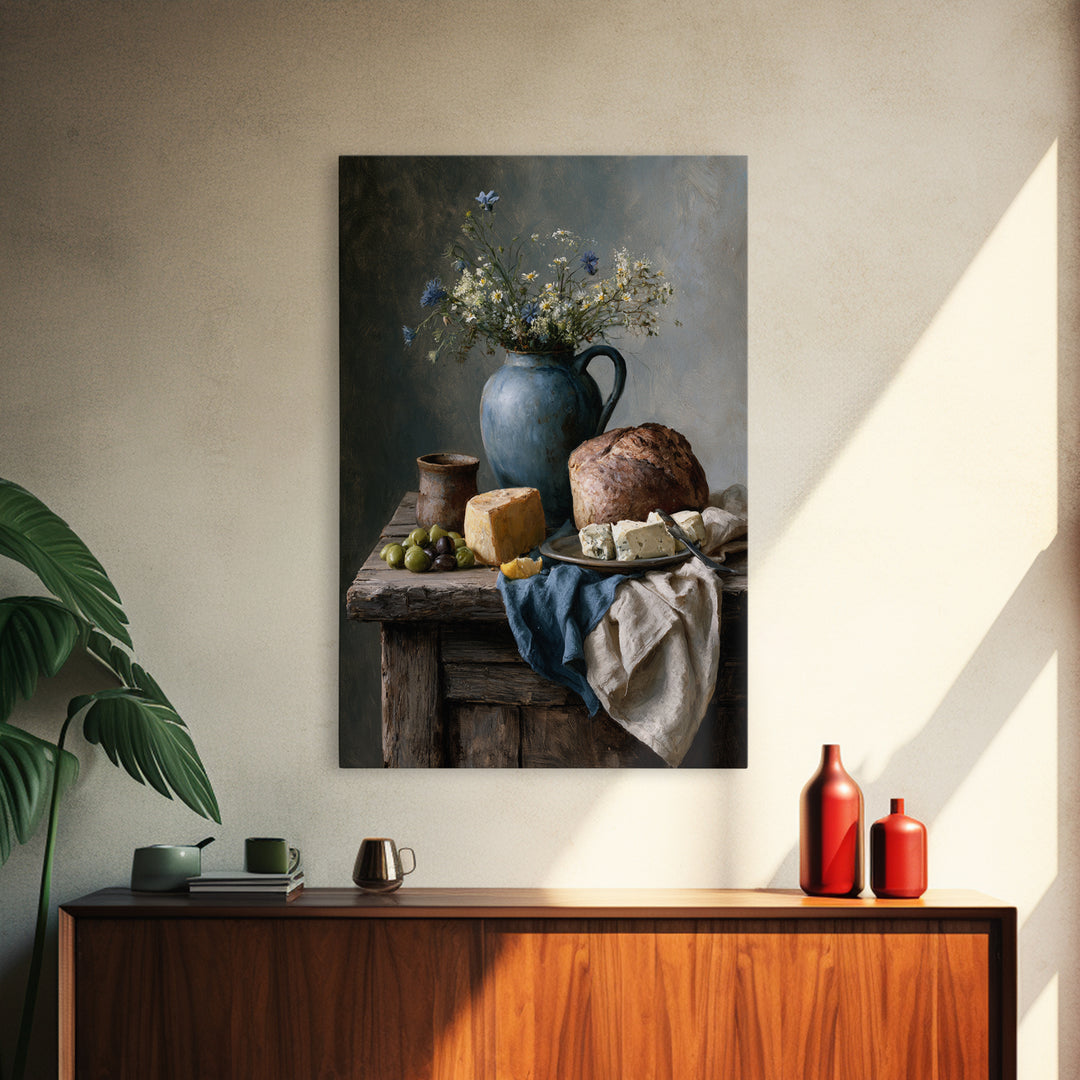 Rustic Bread Olives and Cheese Still Life Canvas Print, Dining Room Art, Wall Art, Dining Room Decor, Abstract Art, Dining, DRA-2x3-62