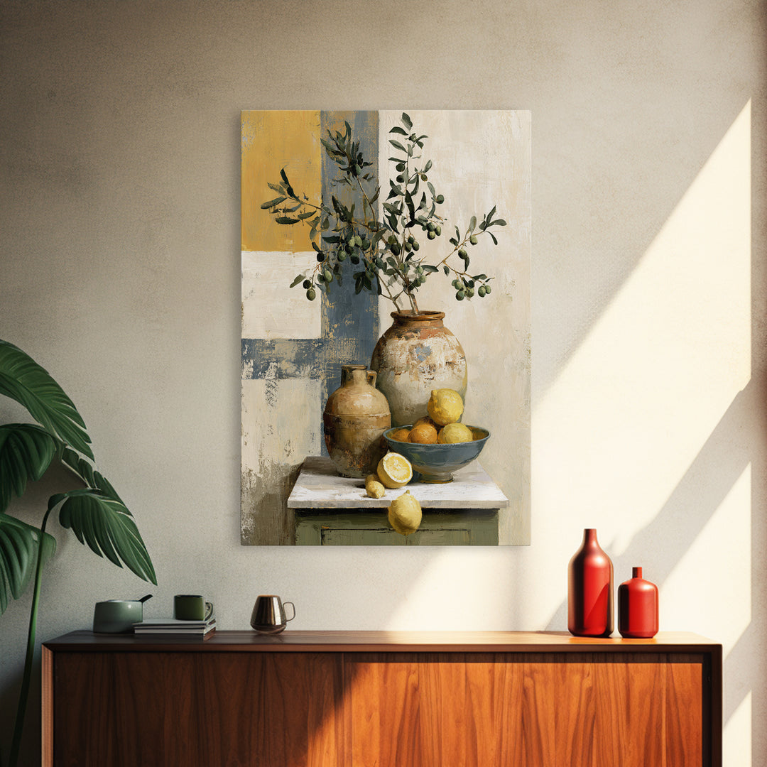 Mediterranean Olive Branch and Citrus Arrangement Canvas Print, Dining Room Art, Minimalist Decor, Dining Room Decor, Dining, DRA-2x3-68