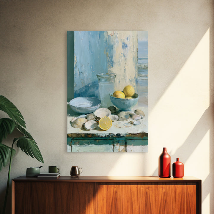 Shellfish and Lemon Still Life Canvas Print, Dining Room Art, Neutral Decor, Dining Room Decor, Oil Painting, Dining, DRA-2x3-72