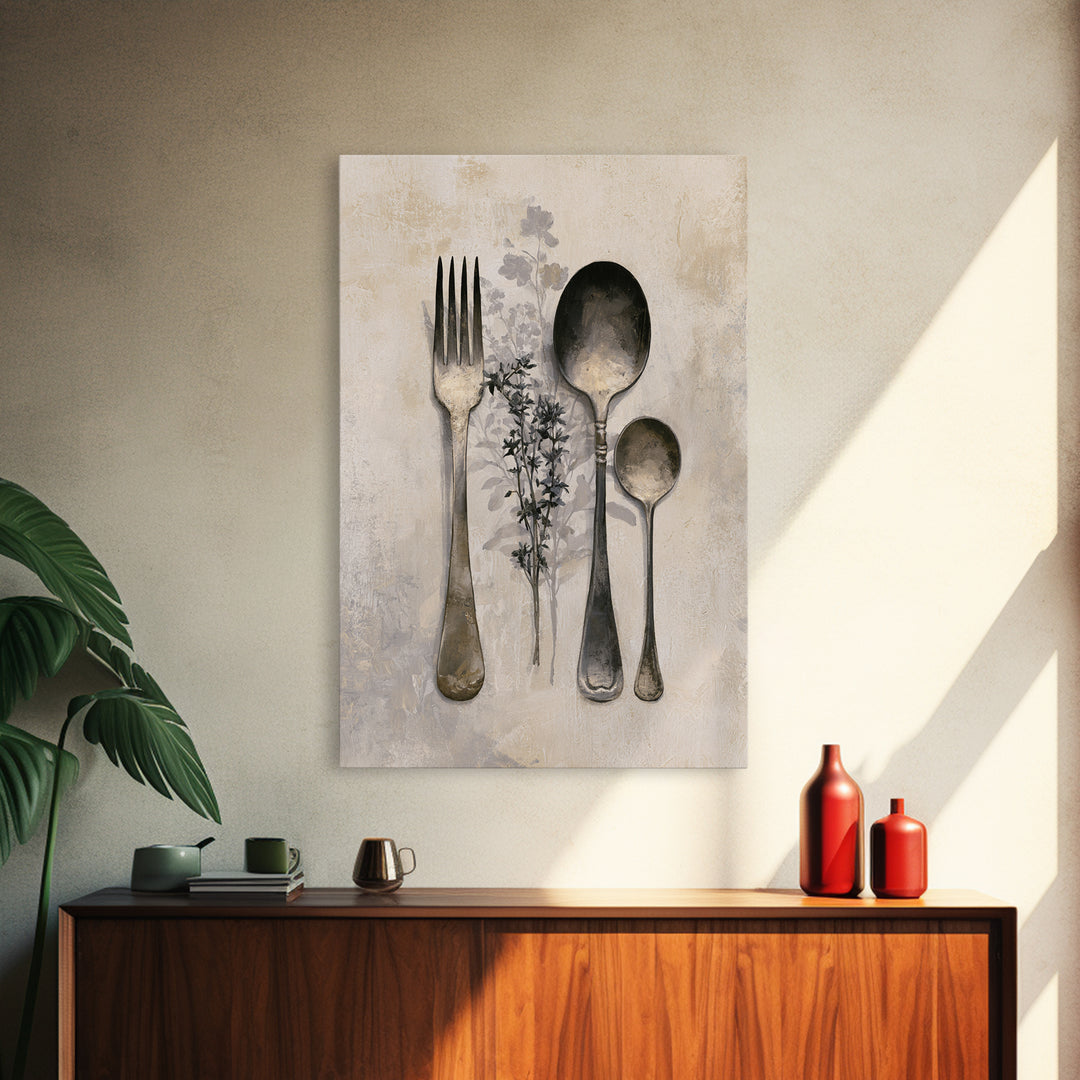 Minimal Fork Spoon and Herb Composition Framed Canvas Print, Dining Room Art, Minimalist Decor, Dining Room Decor, Dining, DRA-2x3-78