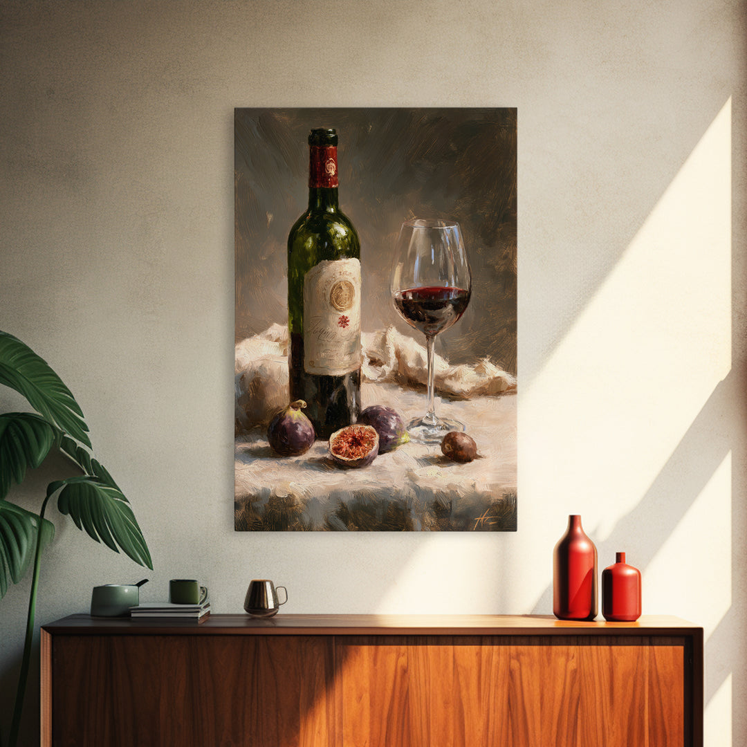Wine Bottle and Figs on a Linen Framed Canvas Print, Dining Room Art, Print, Dining Room Decor, Dining, Living Room Decor, DRA-2x3-83