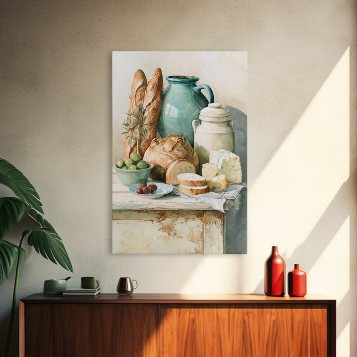 Rustic Bread Olives and Cheese Still Life Canvas Print, Dining Room Art, Wall Art, Dining Room Decor, Abstract Art, Dining, DRA-2x3-86