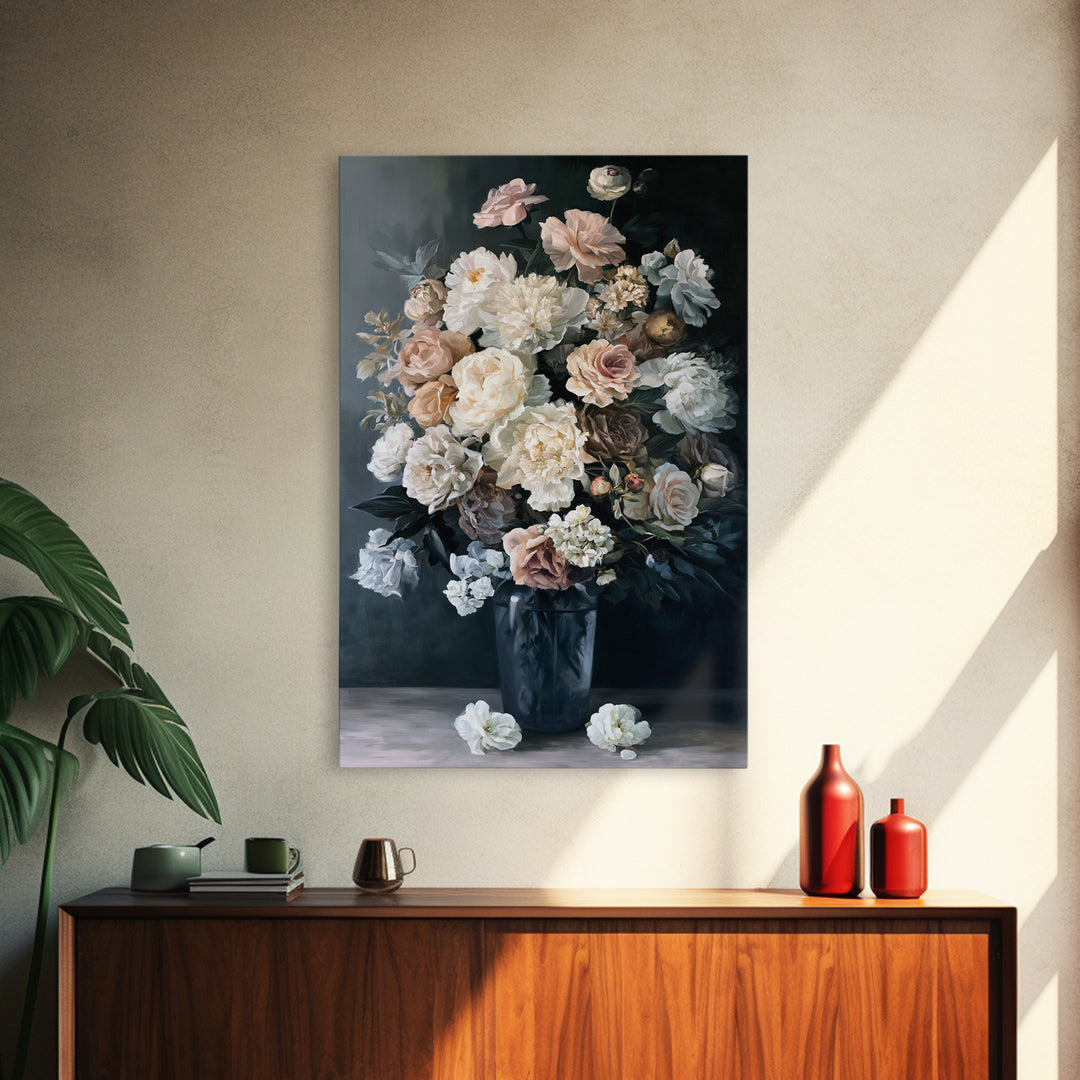 Moody Dark Background Bouquet for Formal Dining Canvas Print, Dining Room Art, Large Wall Art, Dining Room Decor, Dining, DRA-2x3-91