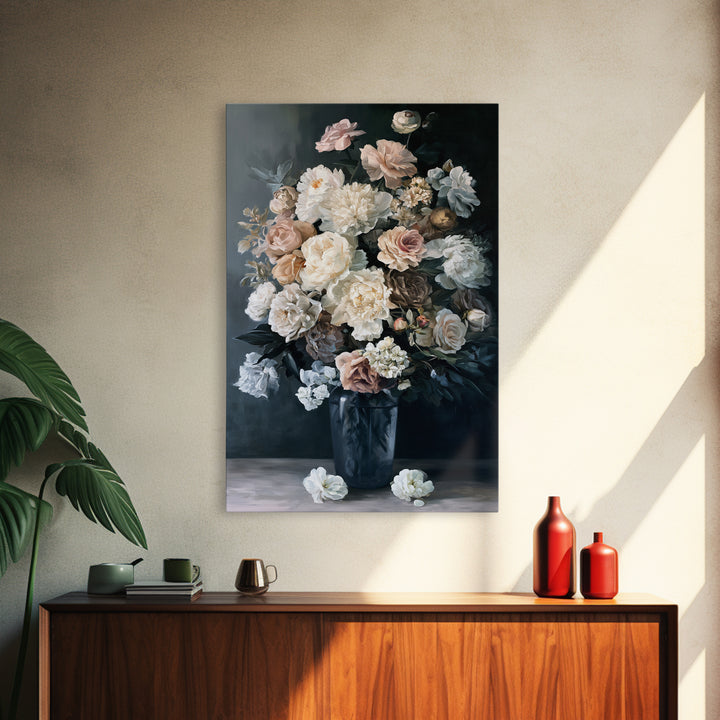 Moody Dark Background Bouquet for Formal Dining Canvas Print, Dining Room Art, Large Wall Art, Dining Room Decor, Dining, DRA-2x3-91