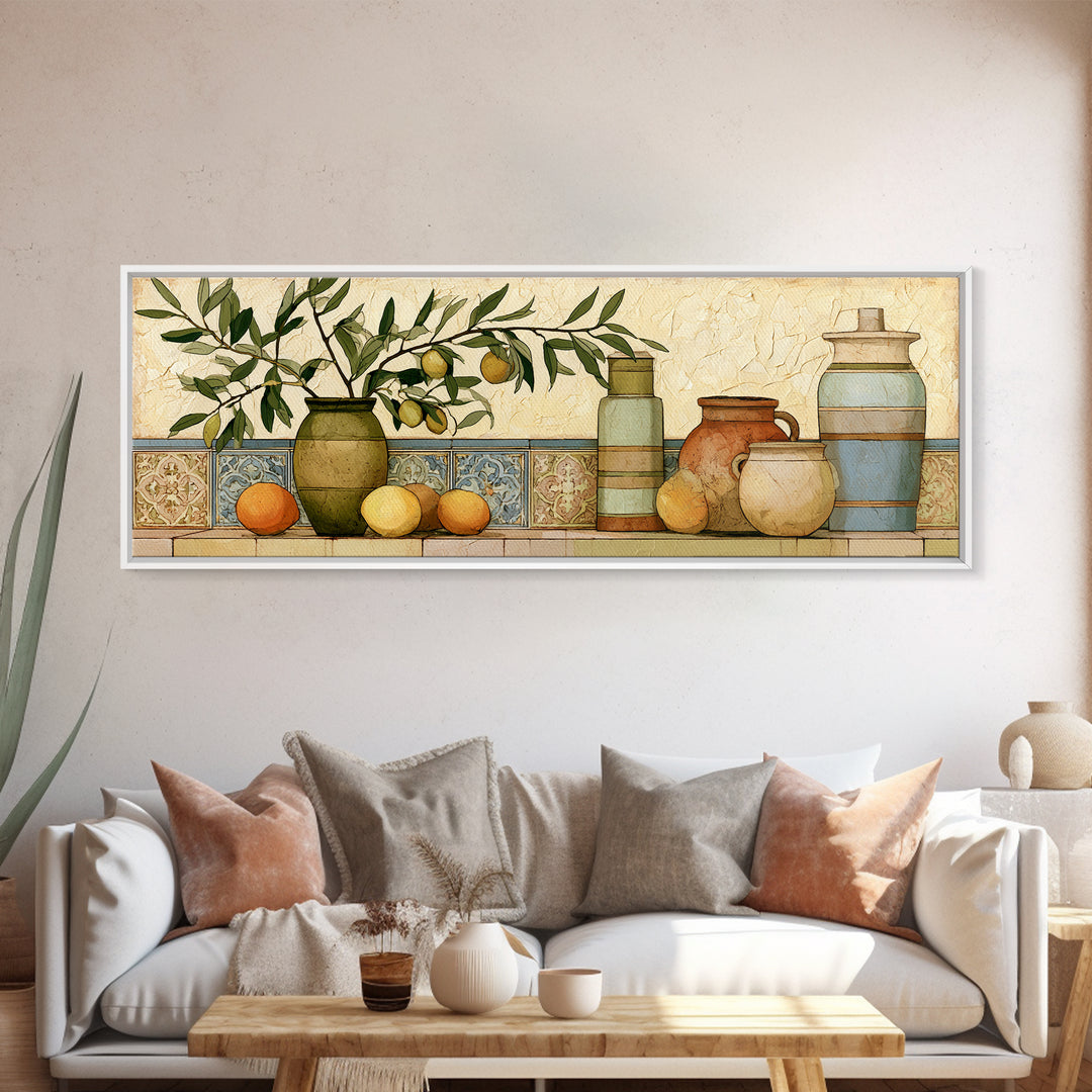 Mediterranean Olive Branch and Citrus Arrangement Canvas Print, Dining Room Art, Coastal Wall Art, Dining Room Decor, Dining, DRA-3x1-100
