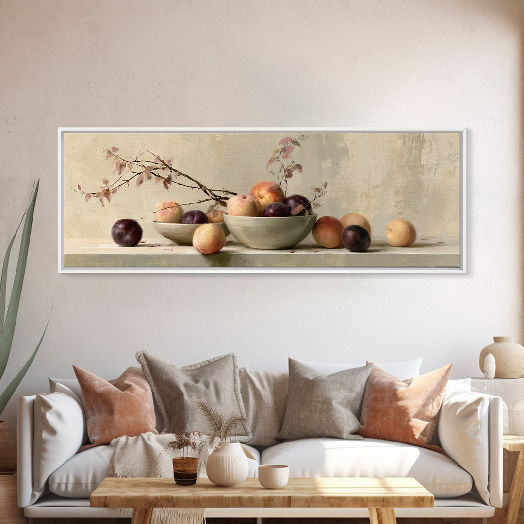 Peach and Plum Still Life Framed Canvas Print, Dining Room Art, Kitchen Wall Decor, Dining Room Decor, Fine Art, Dining, DRA-3x1-12