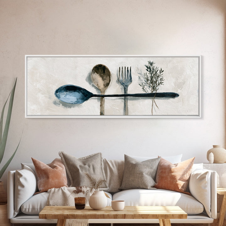 Minimal Fork Spoon and Herb Composition Canvas Print, Dining Room Art, Coastal Wall Art, Dining Room Decor, Fine Art, Dining, DRA-3x1-14