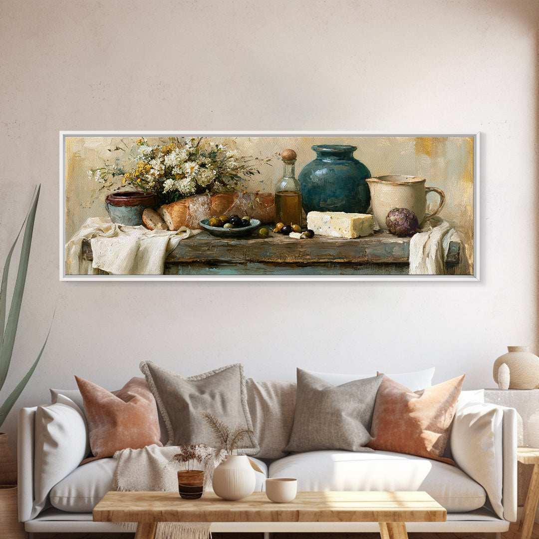 Rustic Bread Olives and Cheese Still Life Canvas Print, Dining Room Art, Neutral Decor, Dining Room Decor, Abstract Art, Dining, DRA-3x1-22