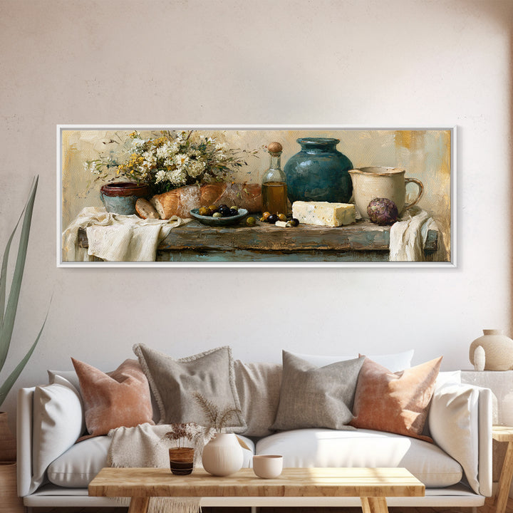 Rustic Bread Olives and Cheese Still Life Canvas Print, Dining Room Art, Neutral Decor, Dining Room Decor, Abstract Art, Dining, DRA-3x1-22