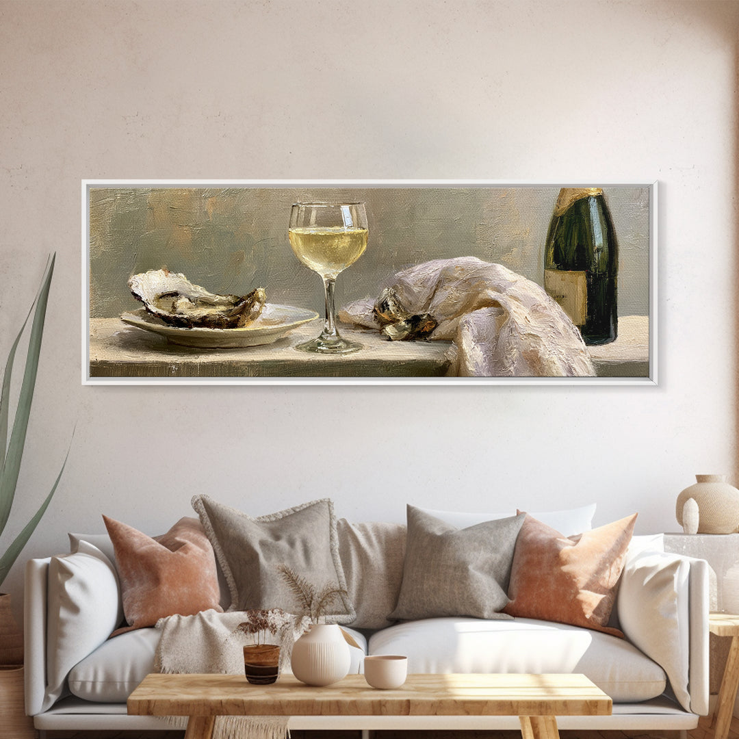 Elegant Oyster and Champagne Still Life Framed Canvas Print, Dining Room Art, Neutral Decor, Dining Room Decor, Dining, DRA-3x1-23