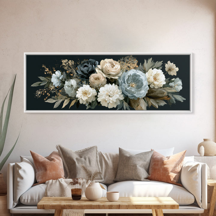 Moody Dark Background Bouquet for Formal Dining Framed Canvas Print, Dining Room Art, Modern Decor, Dining Room Decor, Dining, DRA-3x1-27