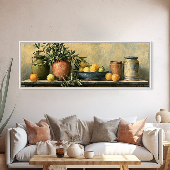 Mediterranean Olive Branch and Citrus Arrangement Canvas Print, Dining Room Art, Kitchen Prints, Dining Room Decor, Dining, DRA-3x1-28