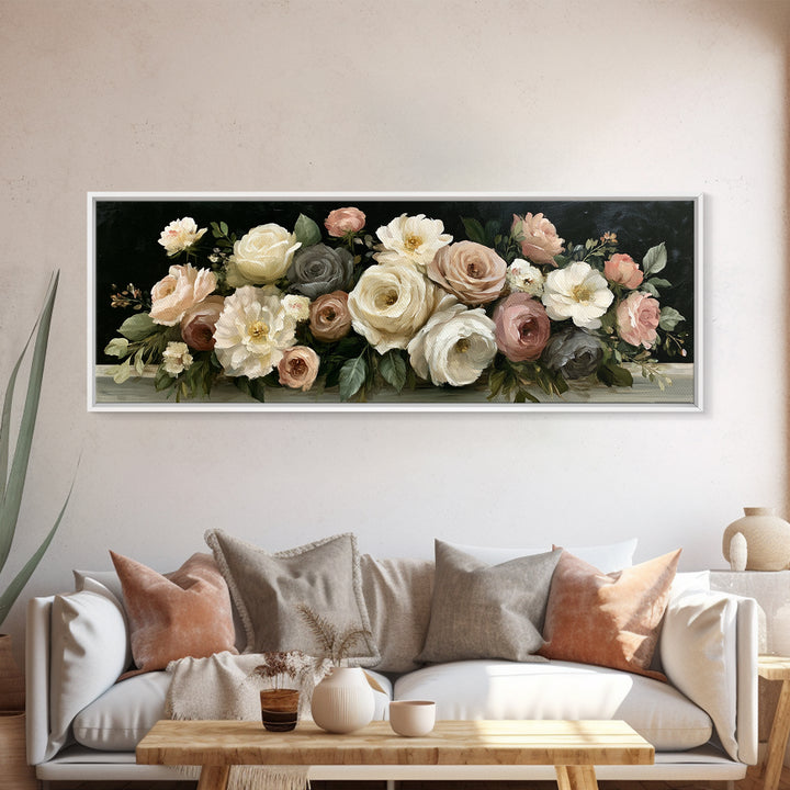 Moody Dark Background Bouquet for Formal Dining Canvas Print, Dining Room Art, Trendy Wall Art, Dining Room Decor, Dining, DRA-3x1-3