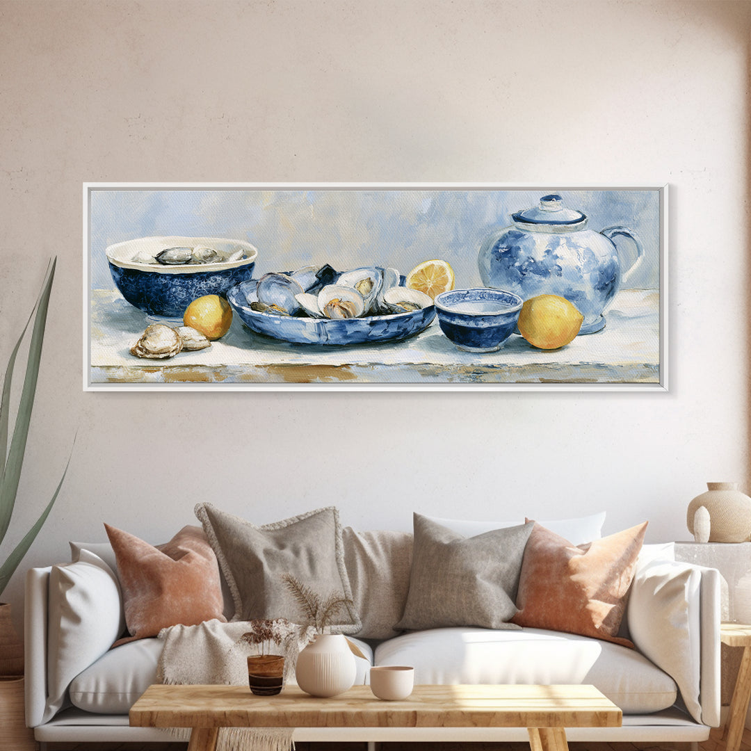 Shellfish and Lemon Still Life Framed Canvas Print, Dining Room Art, Trendy Wall Art, Dining Room Decor, Watercolor Art, Dining, DRA-3x1-32