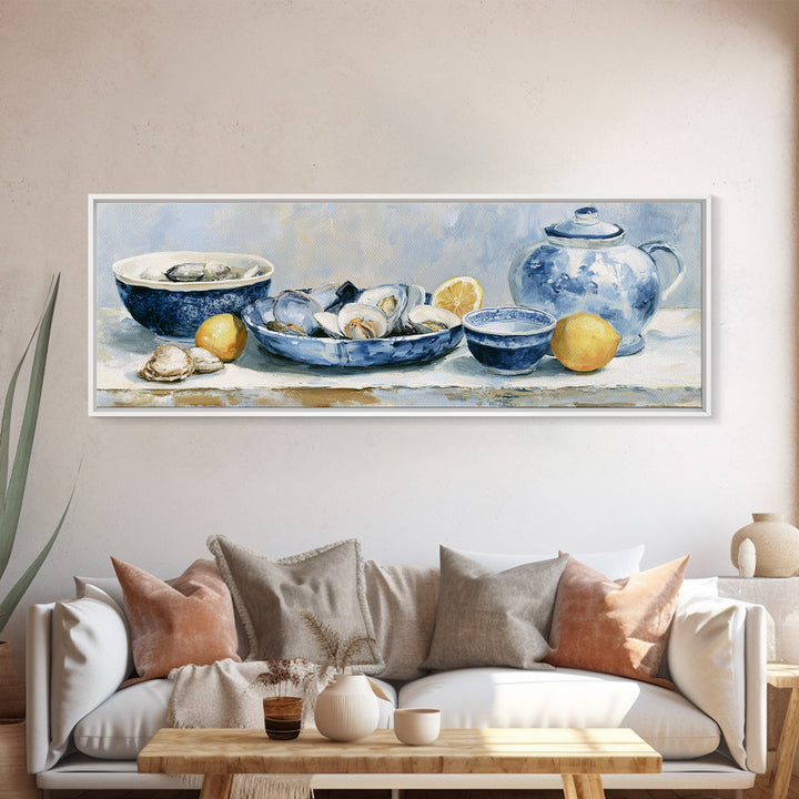 Shellfish and Lemon Still Life Framed Canvas Print, Dining Room Art, Trendy Wall Art, Dining Room Decor, Watercolor Art, Dining, DRA-3x1-32