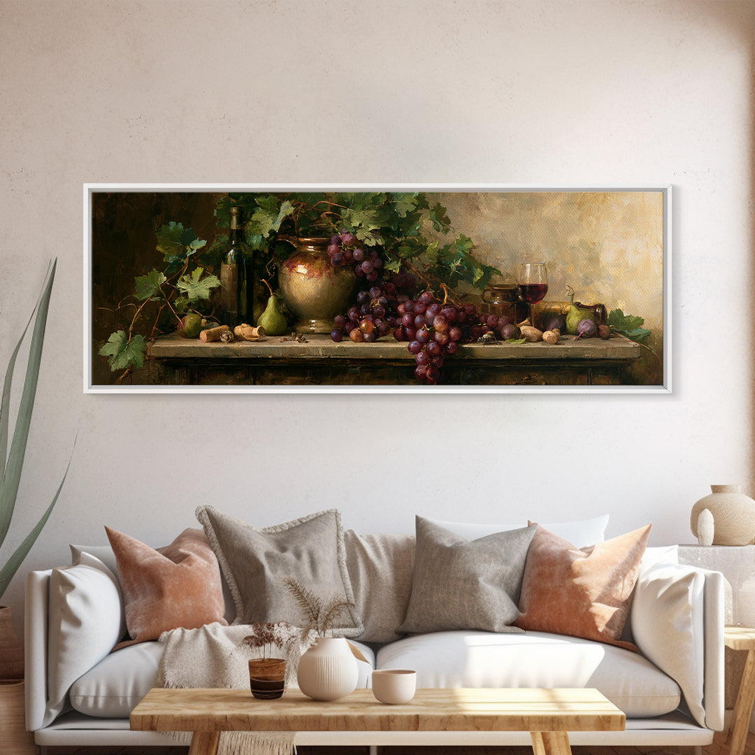 Botanical Grapevine with Leaves and Fruit Framed Canvas Print, Dining Room Art, Kitchen Decor, Dining Room Decor, DRA-3x1-37