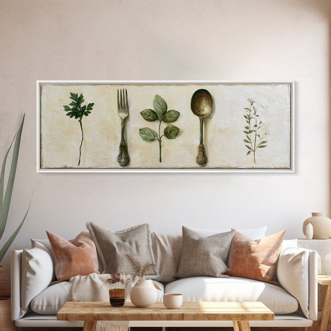 Minimal Fork Spoon and Herb Composition Canvas Print, Dining Room Art, Print, Dining Room Decor, Dining, Living Room Decor, DRA-3x1-38